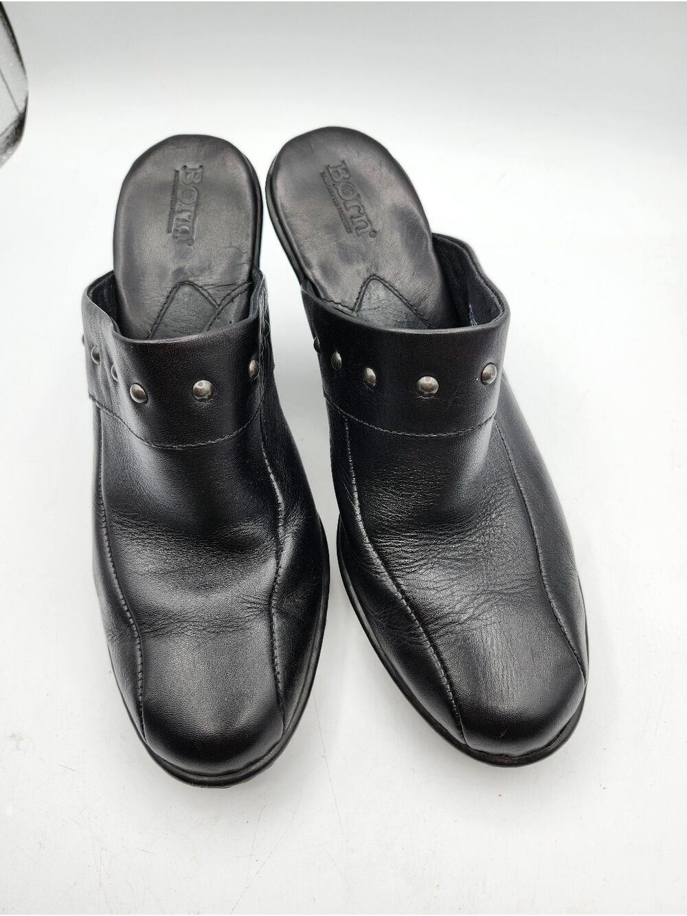 Born Black Leather Slip-On Mule with Stud Accents